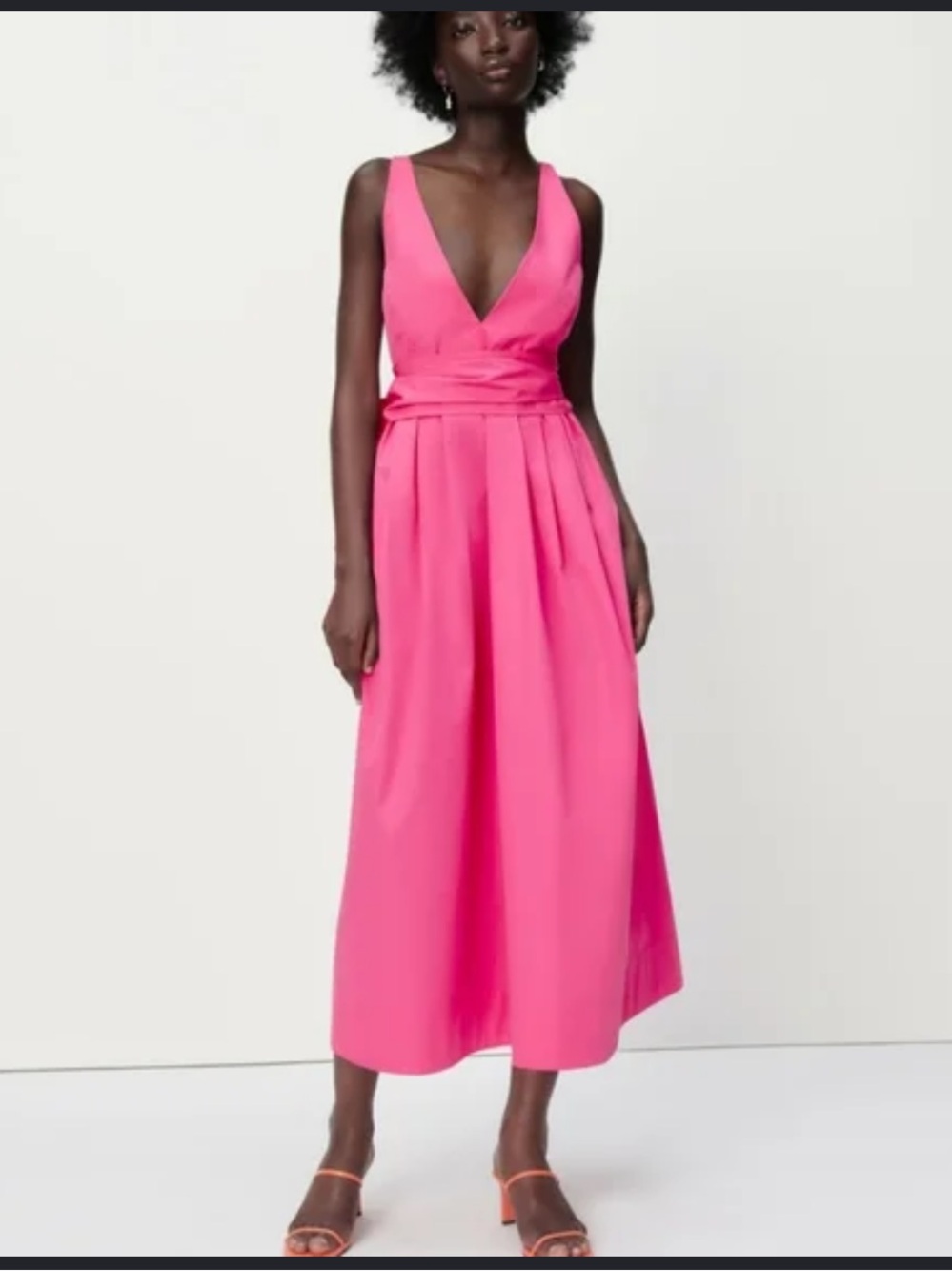 Zara Neon Pink Tied Poplin Midi Dress